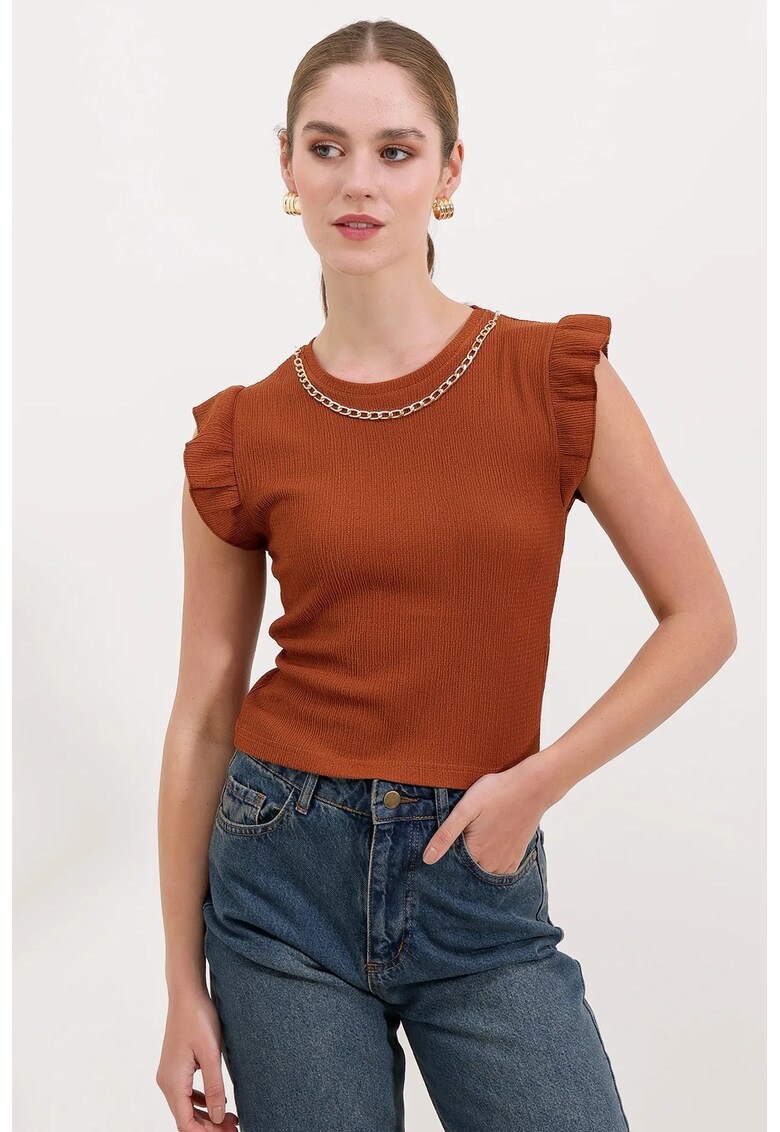 Bluza dama - texturata - brodata - maro bej - jerseu