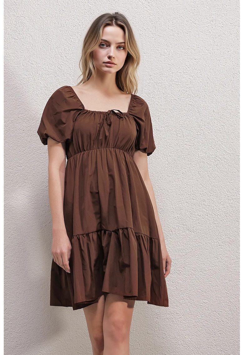 Rochie mini dama forma A - decolteu patrat - bumbac/poliester - maro Rochie mini dama forma A - decolteu patrat - bumbac/poliester - maro