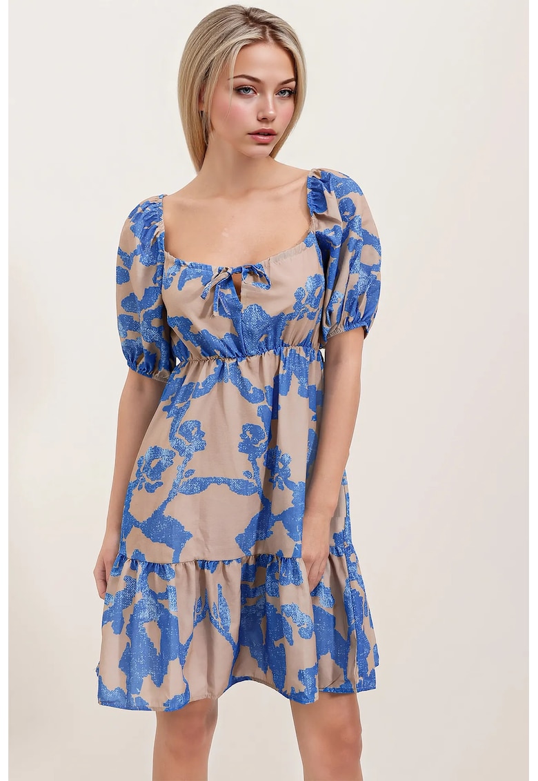 Rochie mini dama - forma A - decolteu patrat - bumbac/poliester - bej/albastru Rochie mini dama - forma A - decolteu patrat - bumbac/poliester - bej/albastru