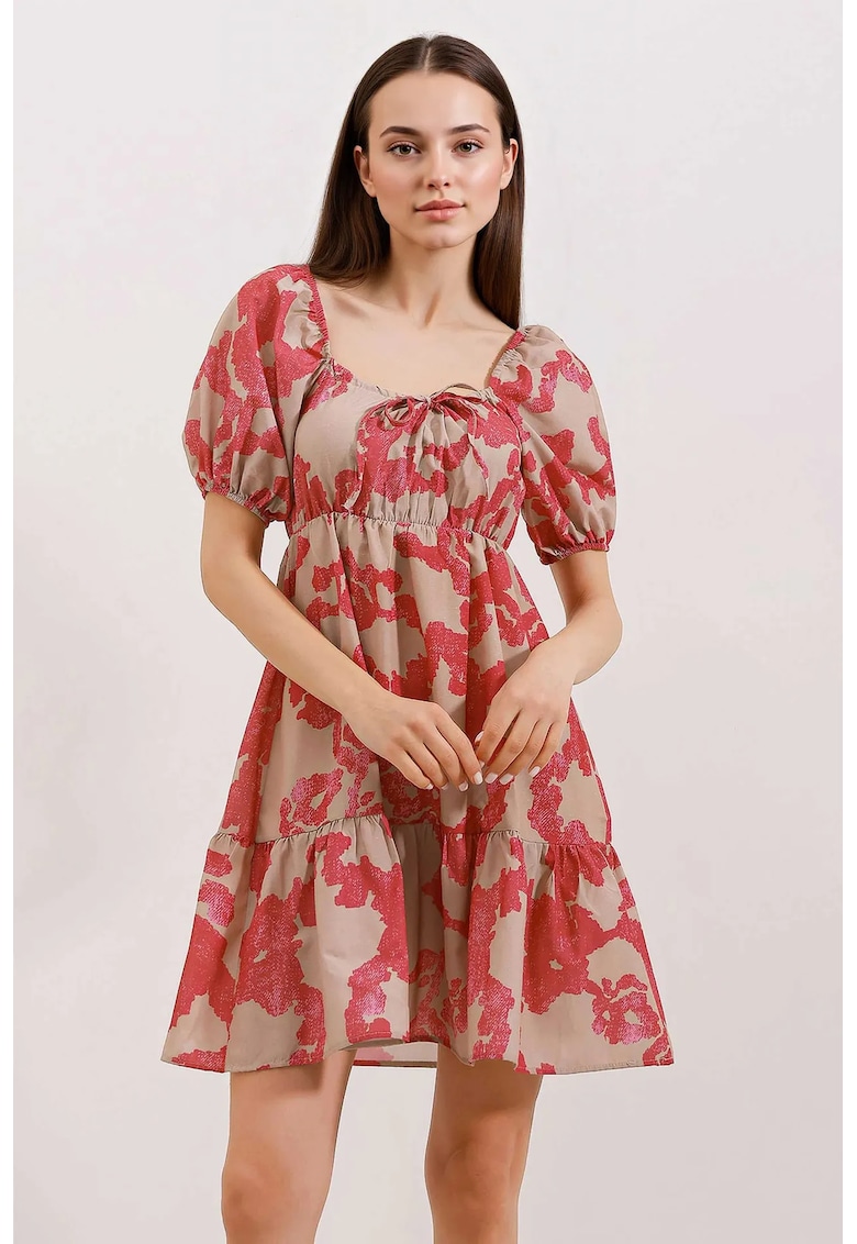 Rochie mini dama - HiCCUP - forma A - decolteu patrat - bumbac/poliester - roz/bej