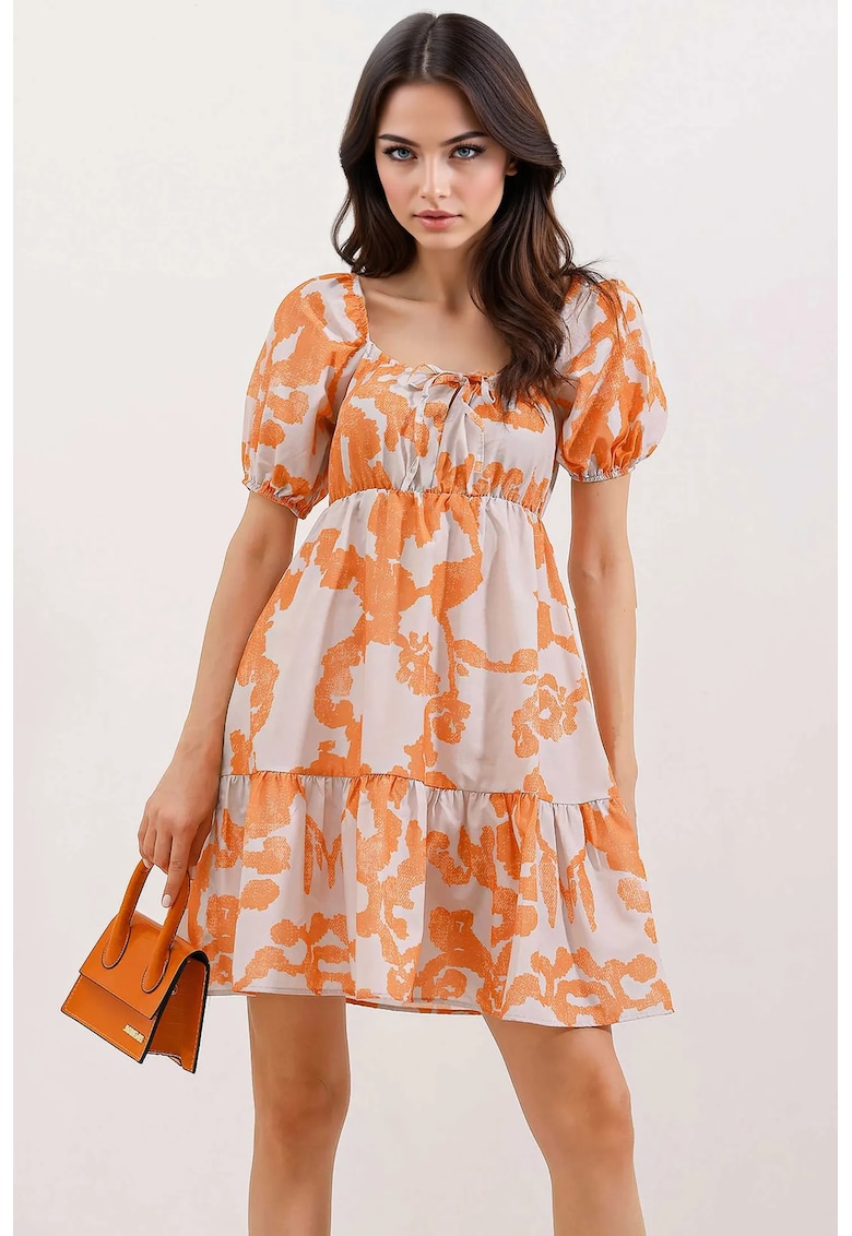 Rochie mini dama  decolteu patrat - forma de A - bumbac/poliester - alb/portocaliu