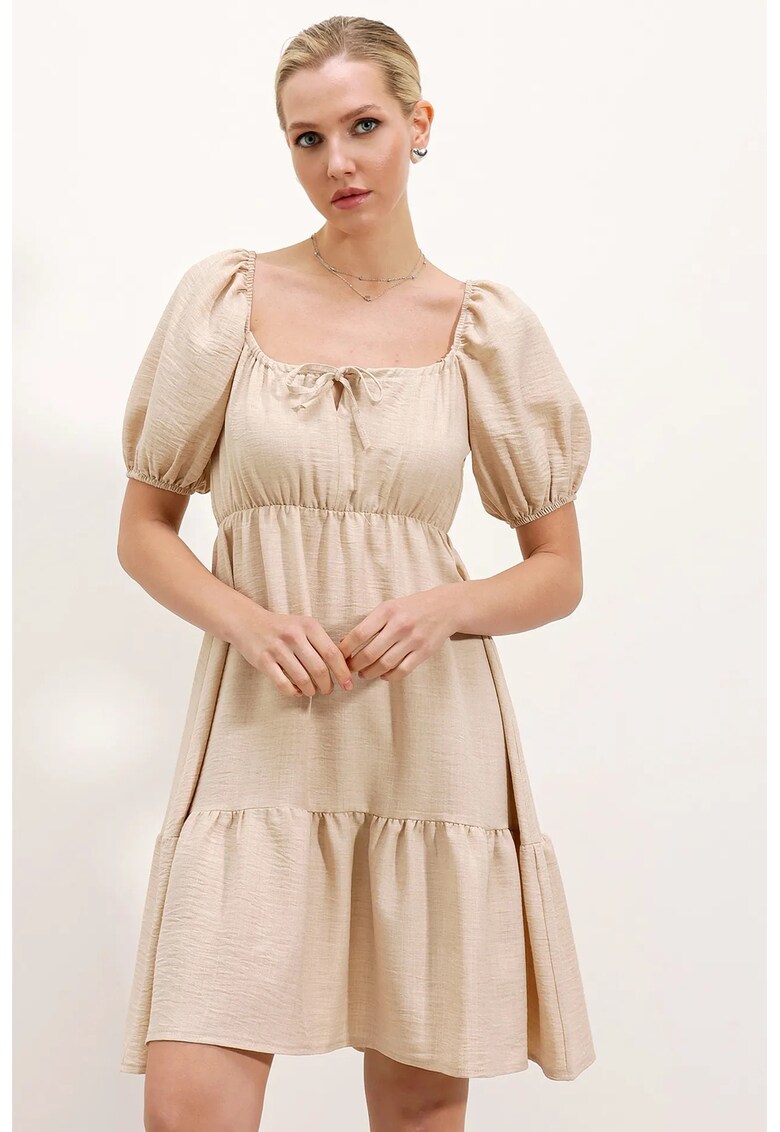 Rochie mini dama HiCCUP - forma A - decolteu patrat - bumbac/poliester - bej