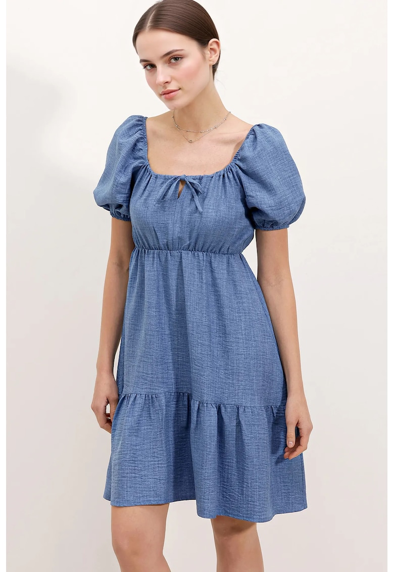 Rochie mini dama -  forma A - decolteu patrat - bumbac/poliester - albastru