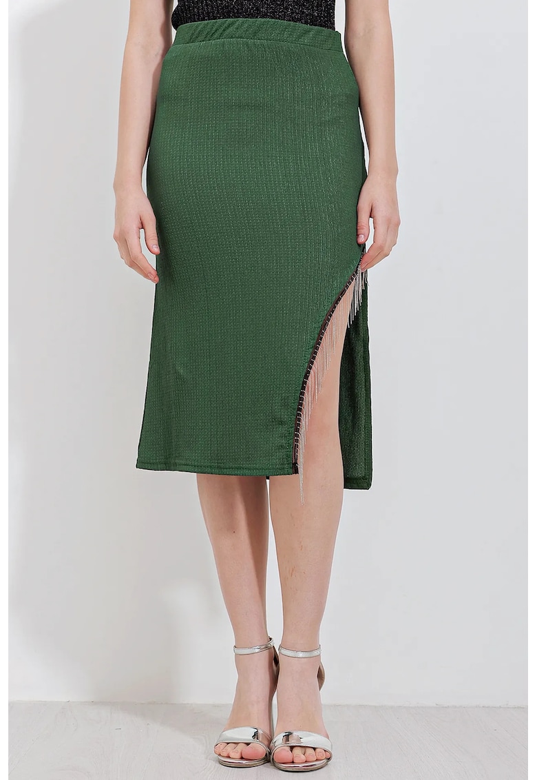 Fusta midi  texturata - verde - poliester si lycra