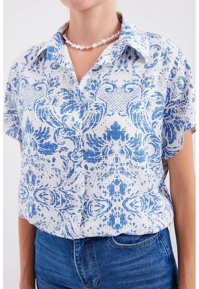 Camasa  cu maneca scurta - imprimeu floral - albastru - din viscoza