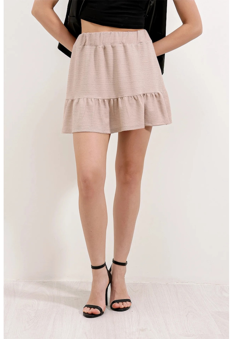Fusta mini -  texturata - detalii cu volane - bej - poliester-lycra