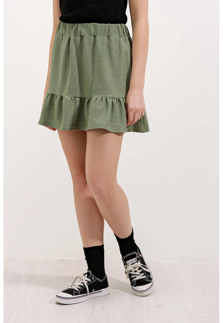 Fusta mini -  texturata - detalii cu volane - verde - poliester-lycra