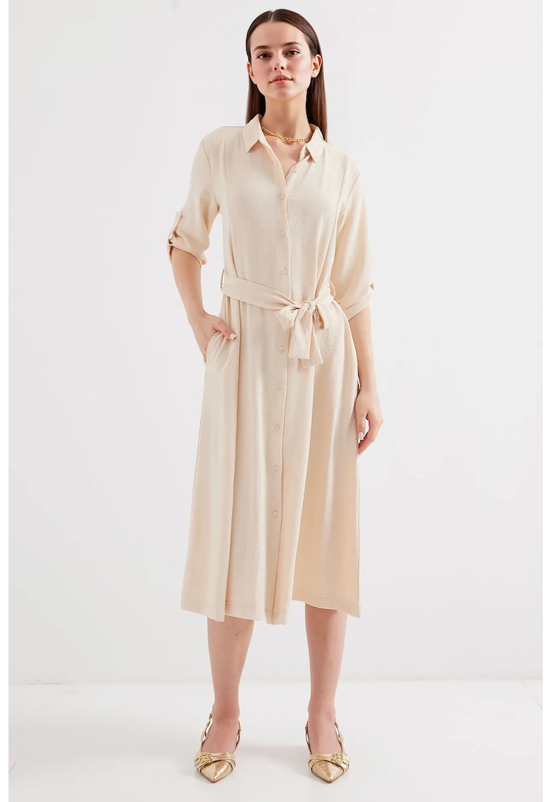 Rochie midi dama  poliester/lycra - cu guler camasa si cordon - bej