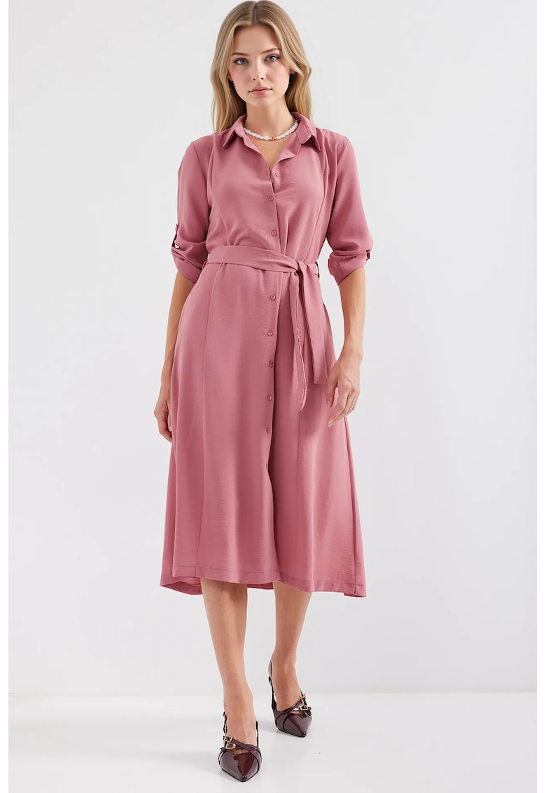Rochie midi dama  poliester/lycra - cu guler camasa si cordon - roz