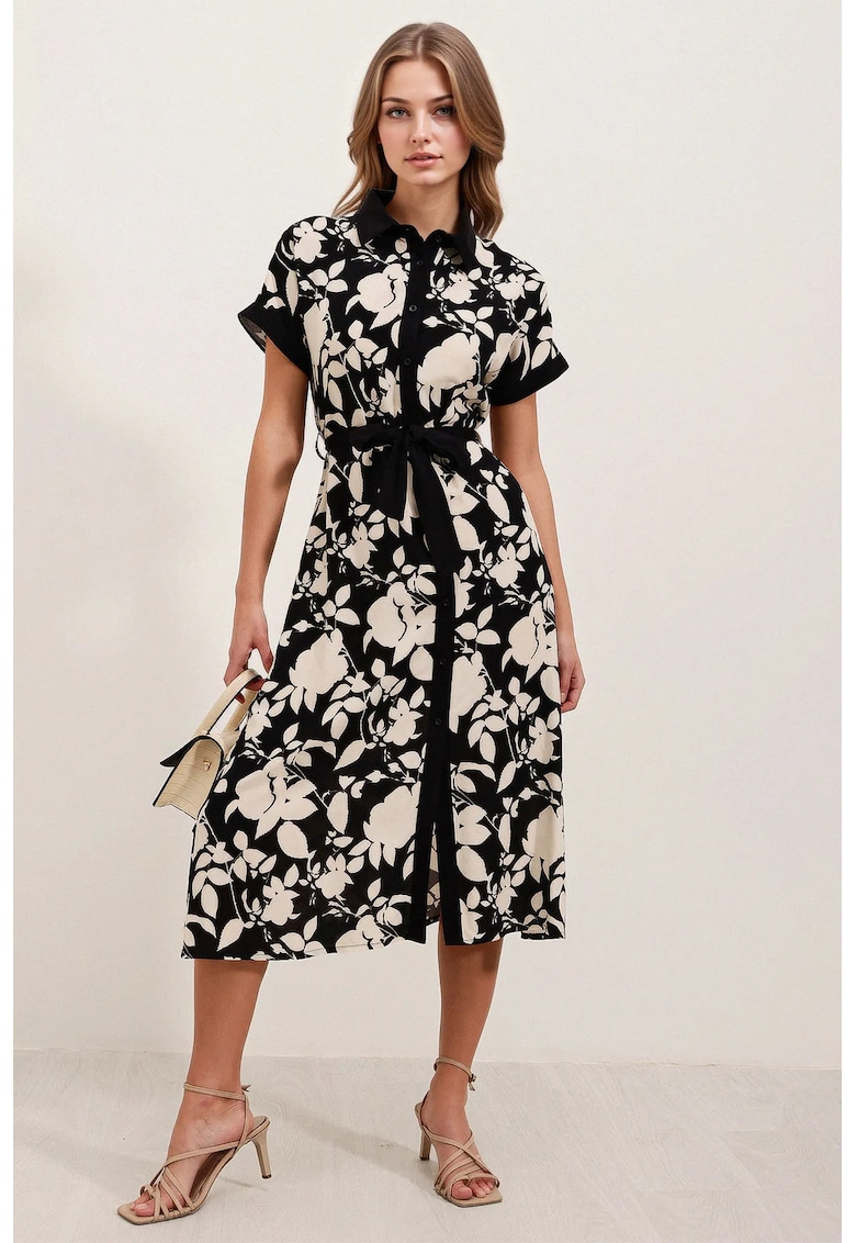 Rochie midi dama imprimeu floral - viscoza - Negru -