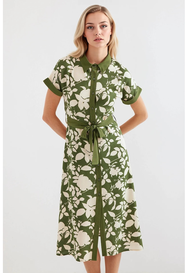 Rochie midi dama  imprimeu floral - viscoza - verde/crem