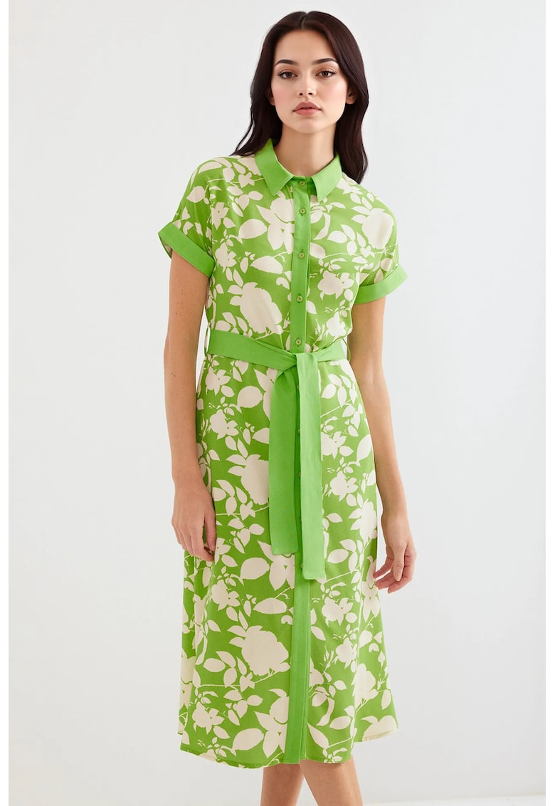 Rochie midi dama - imprimeu floral - viscoza - verde/crem