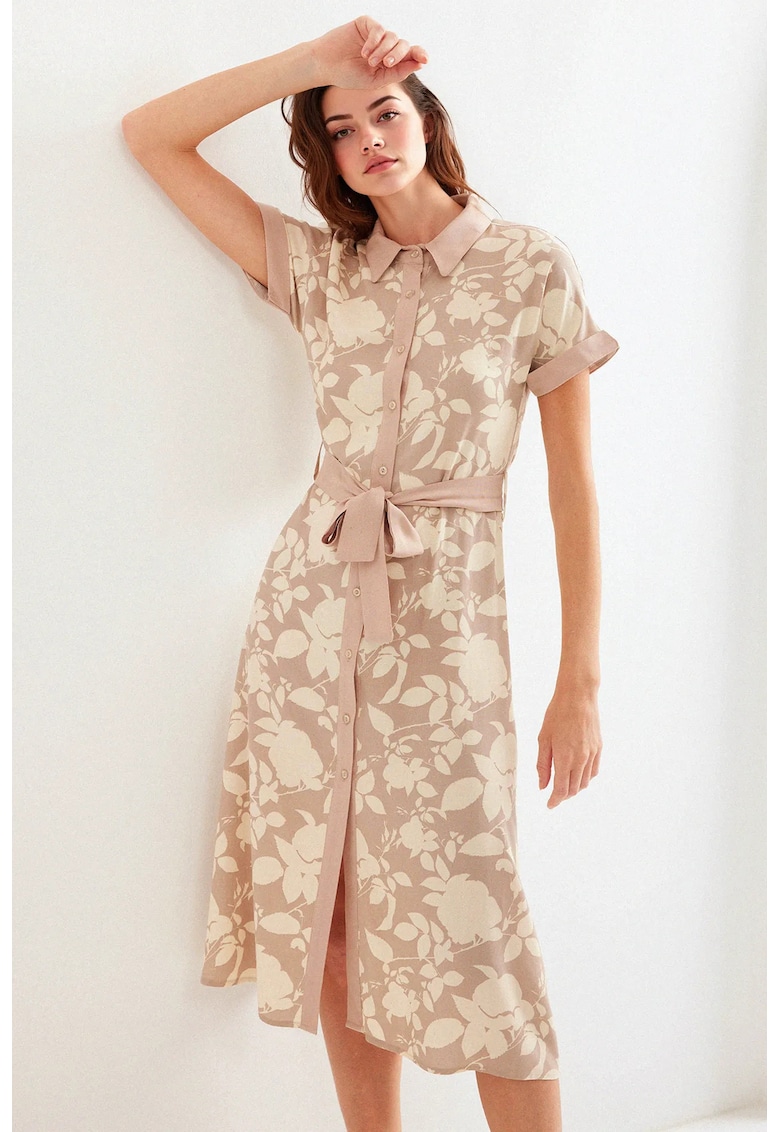 Rochie midi dama imprimeu floral - viscoza - Bej Natural -
