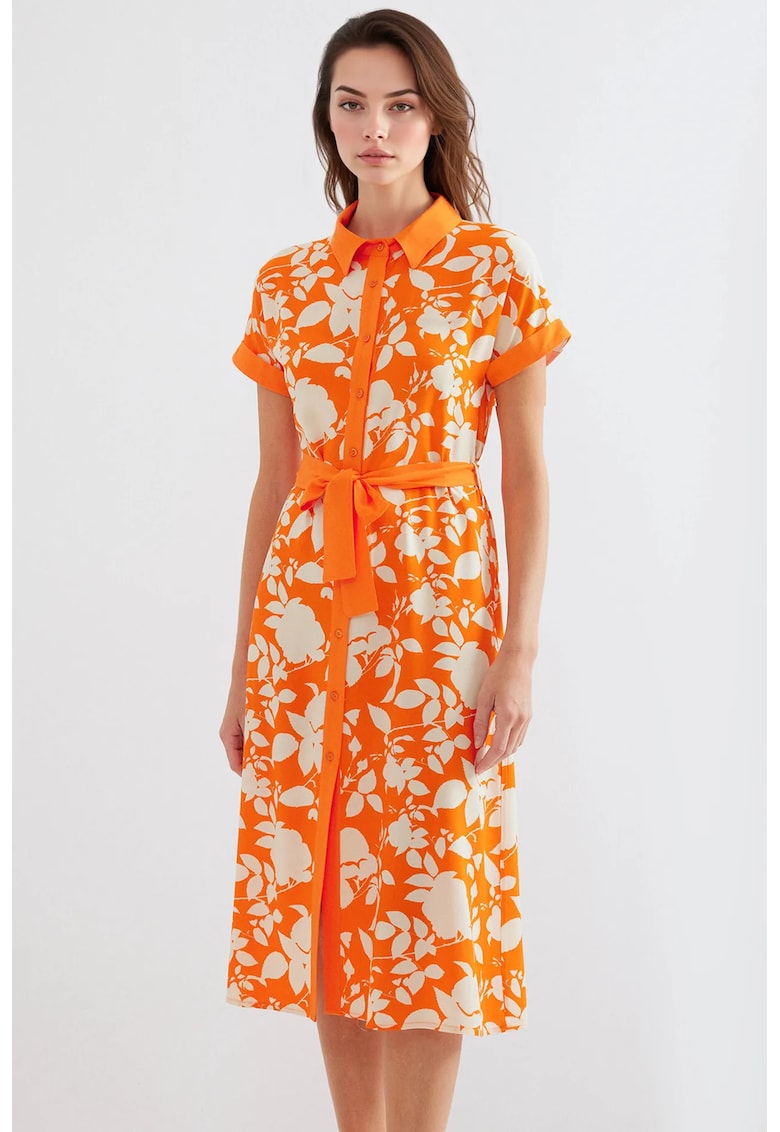 Rochie midi dama HiCCUP - imprimeu floral - viscoza - portocaliu/crem