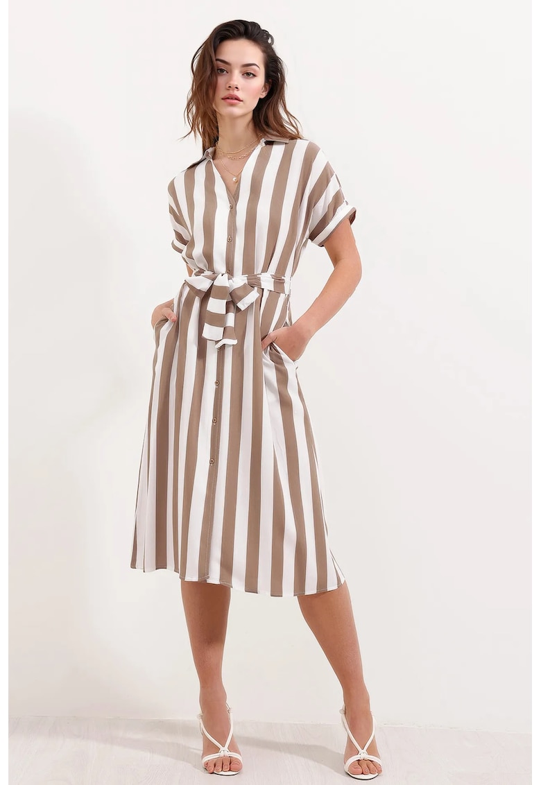 Rochie midi -  cu decolteu in V si funda - bej - viscoza -