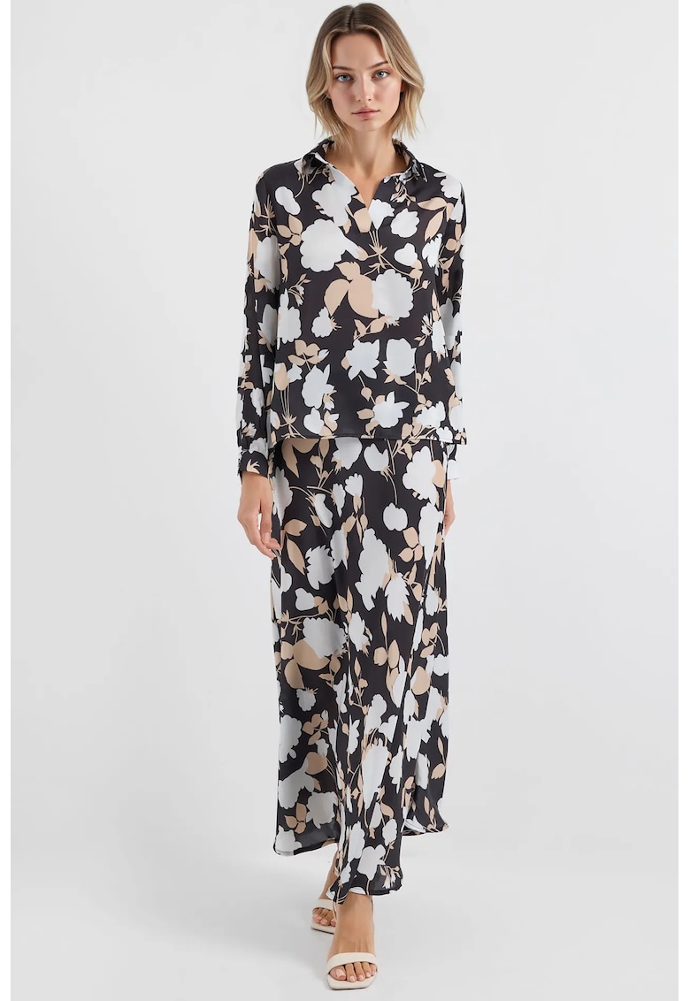 Set doua piese - maneca lunga - imprimeu floral - negru