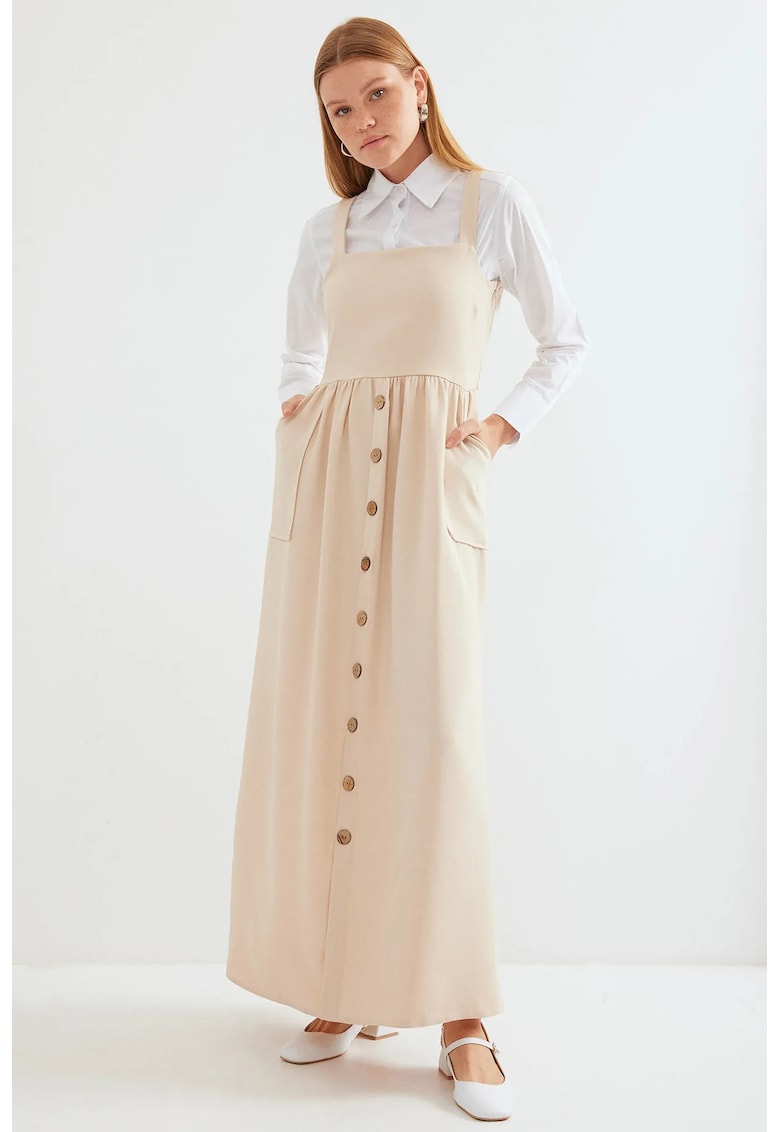 Rochie maxi -  guler patrat - in forma de A - bej - jerseu