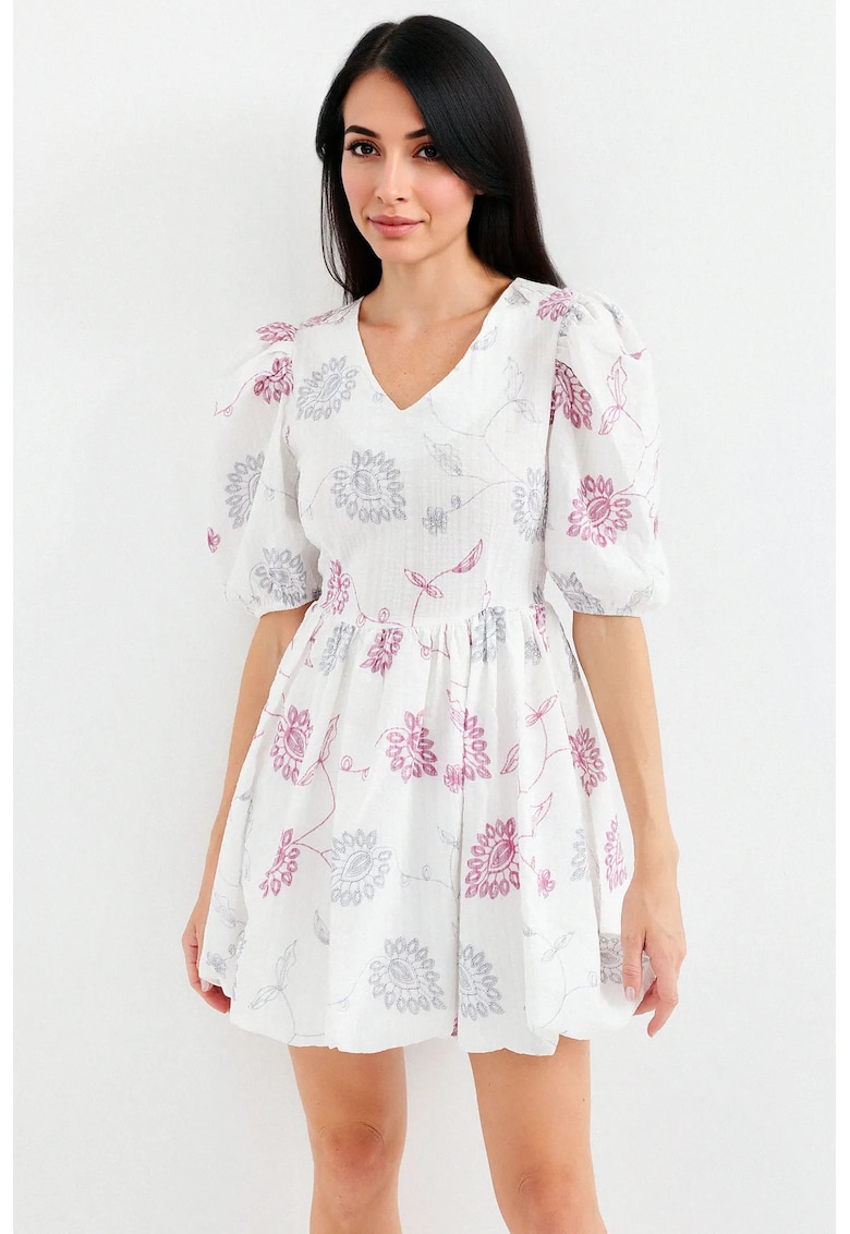 Rochie mini cu broderie florala - decolteu in V - amestec bumbac-poliester-nailon