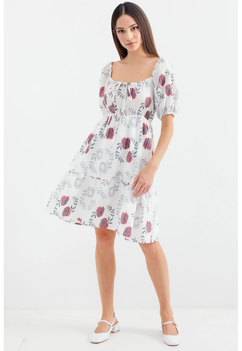 Rochie mini - imprimeu floral - guler patrat - bej - poliester-bumbac