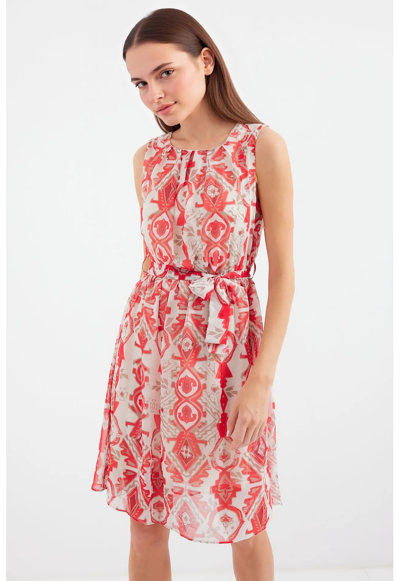 Rochie mini dama HiCCUP - decolteu rotund - poliester - alb/rosu