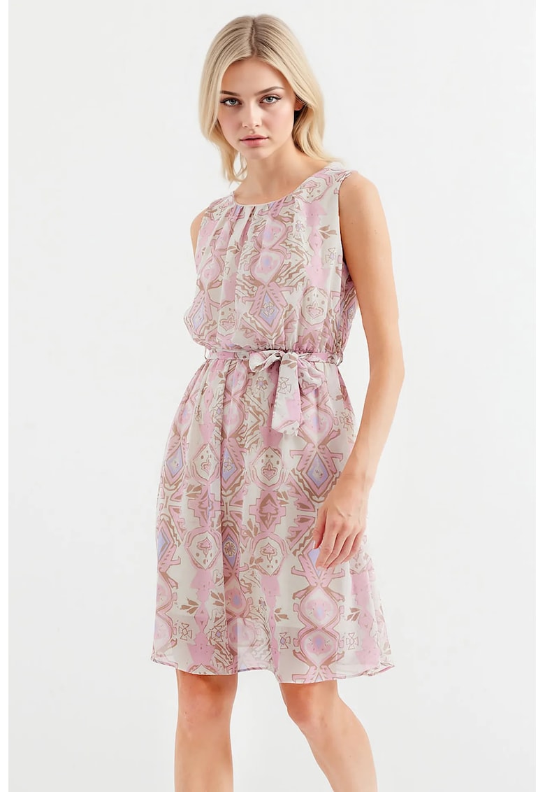 Rochie mini dama HiCCUP - decolteu rotund - poliester - alb/roz