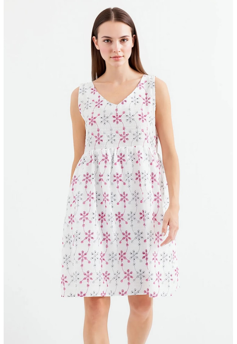 Rochie mini cu broderie florala - decolteu in V - alb - poliester-bumbac -
