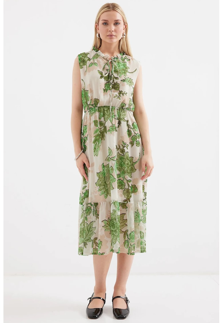 Rochie Midi cu detaliu funda - crem/verde - poliester - croiala lejera