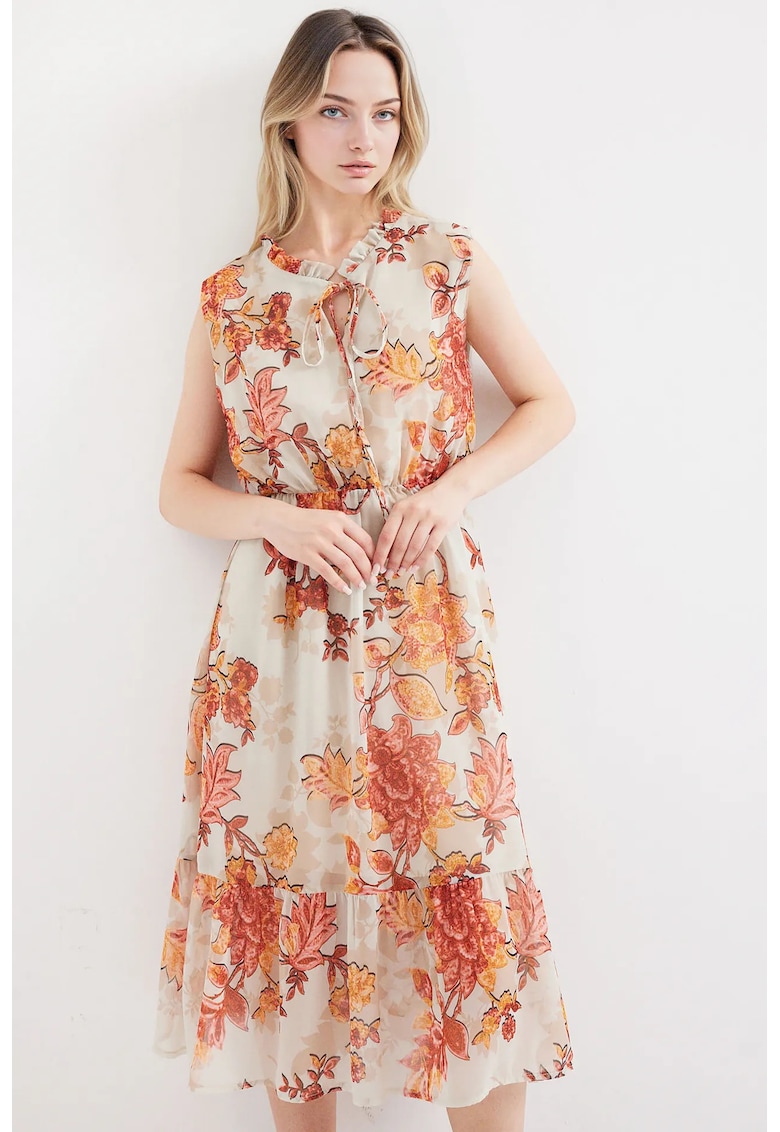 Rochie midi dama  imprimeu floral - poliester - multicolor