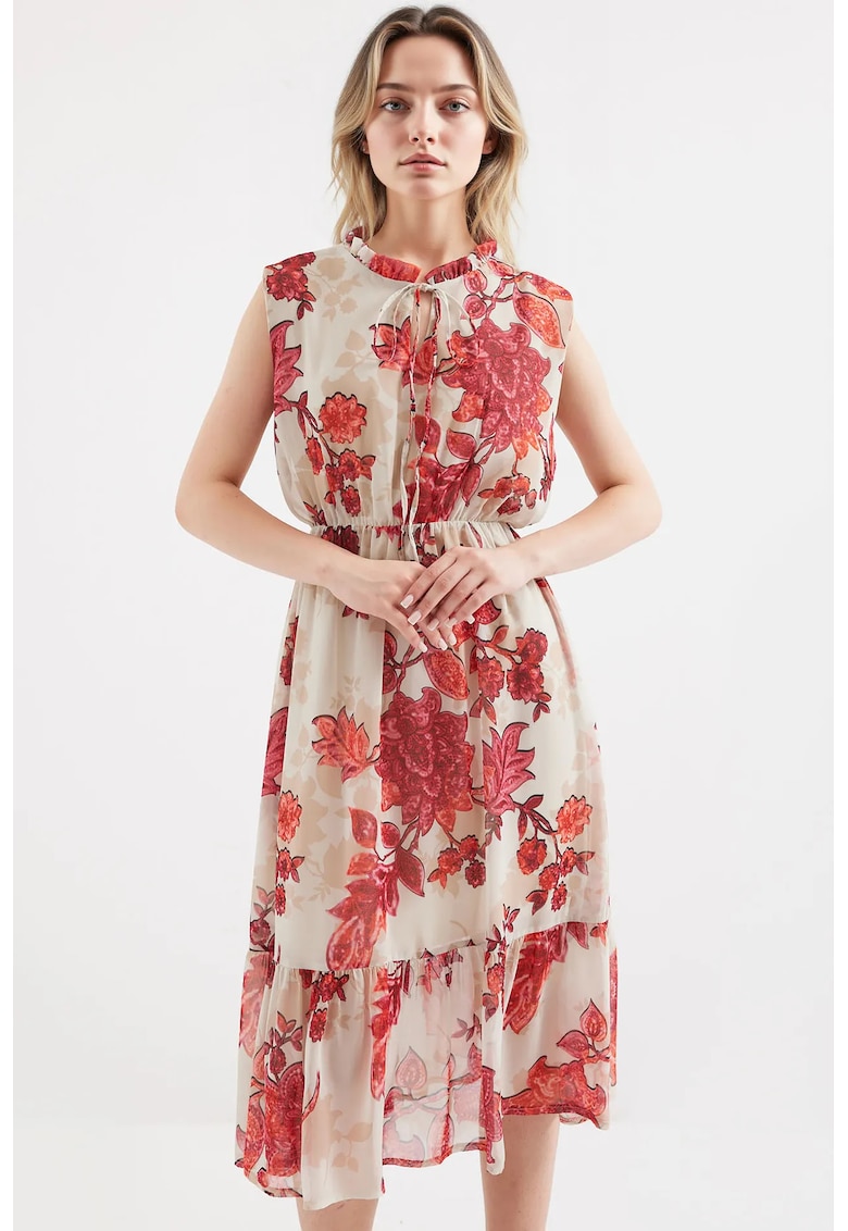 Rochie midi dama HiCCUP - imprimeu floral - poliester - rosu/bej