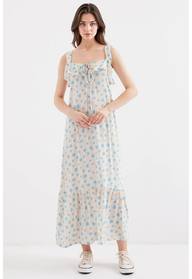 Rochie maxi guler patrat - detalii cu volane - albastru - viscoza