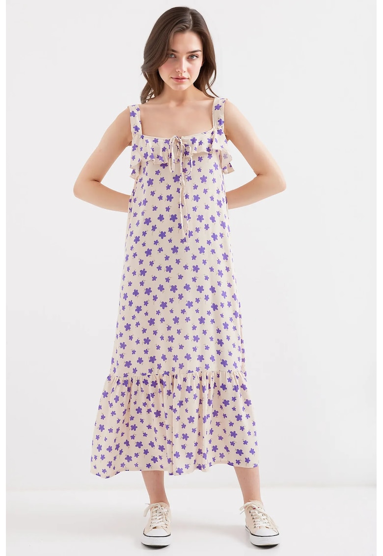 Rochie maxi guler patrat - detalii cu volane - violet - viscoza