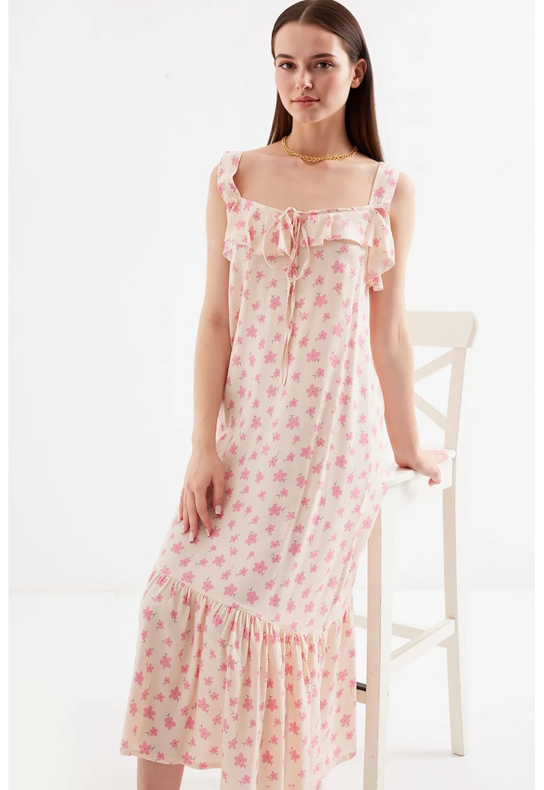 Rochie maxi guler patrat - detalii cu volane - roz - viscoza