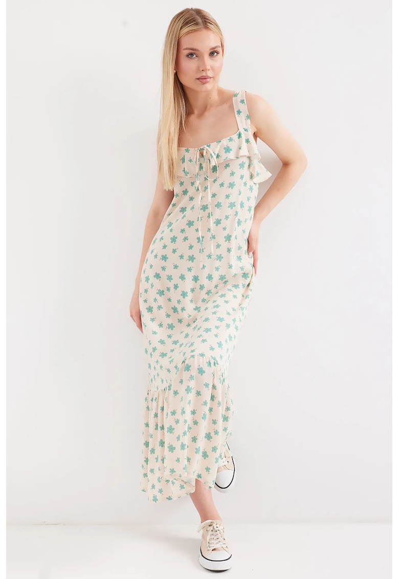 Rochie maxi guler patrat - detalii cu volane - verde - viscoza