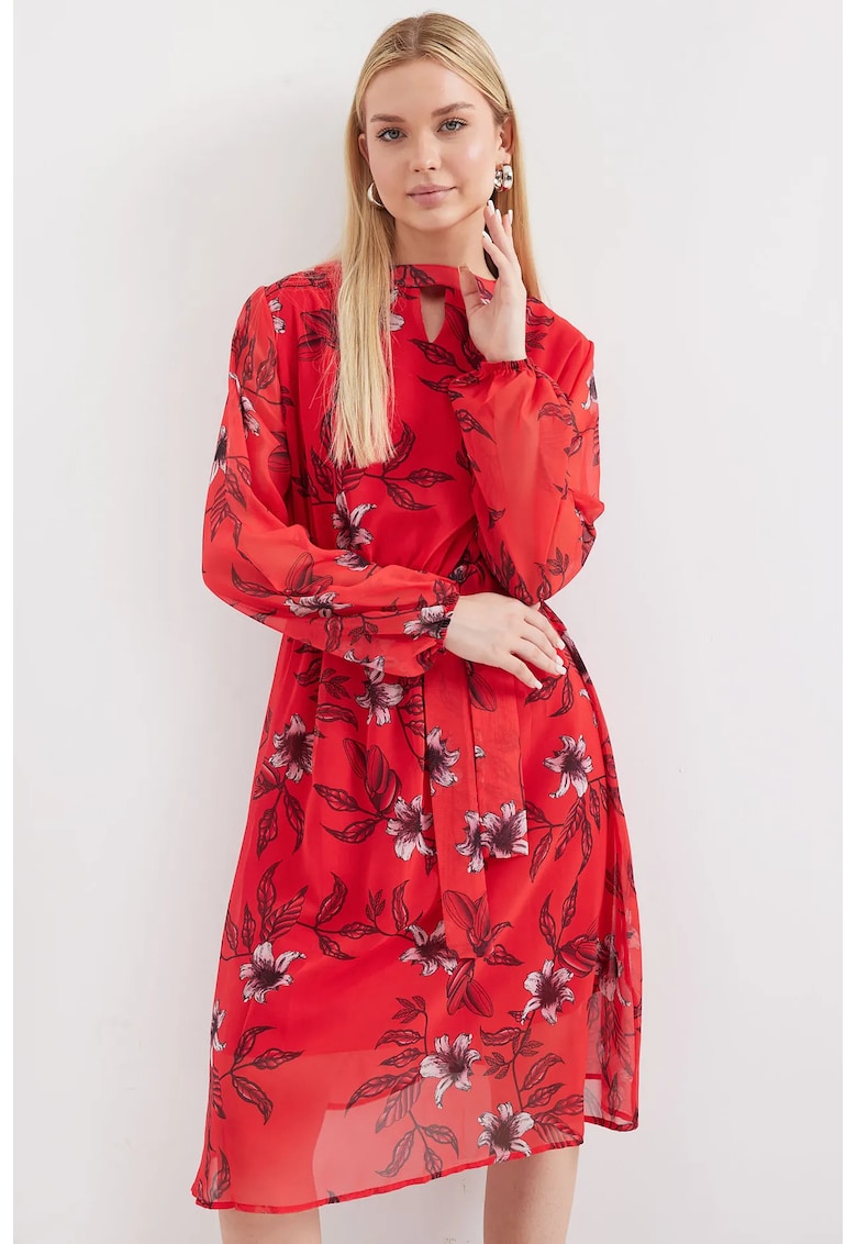 Rochie midi -  imprimeu floral - rosu - poliester