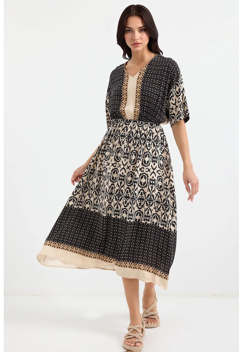 Rochie midi - HiCCUP - decolteu in V - imprimeu - negru - viscoza