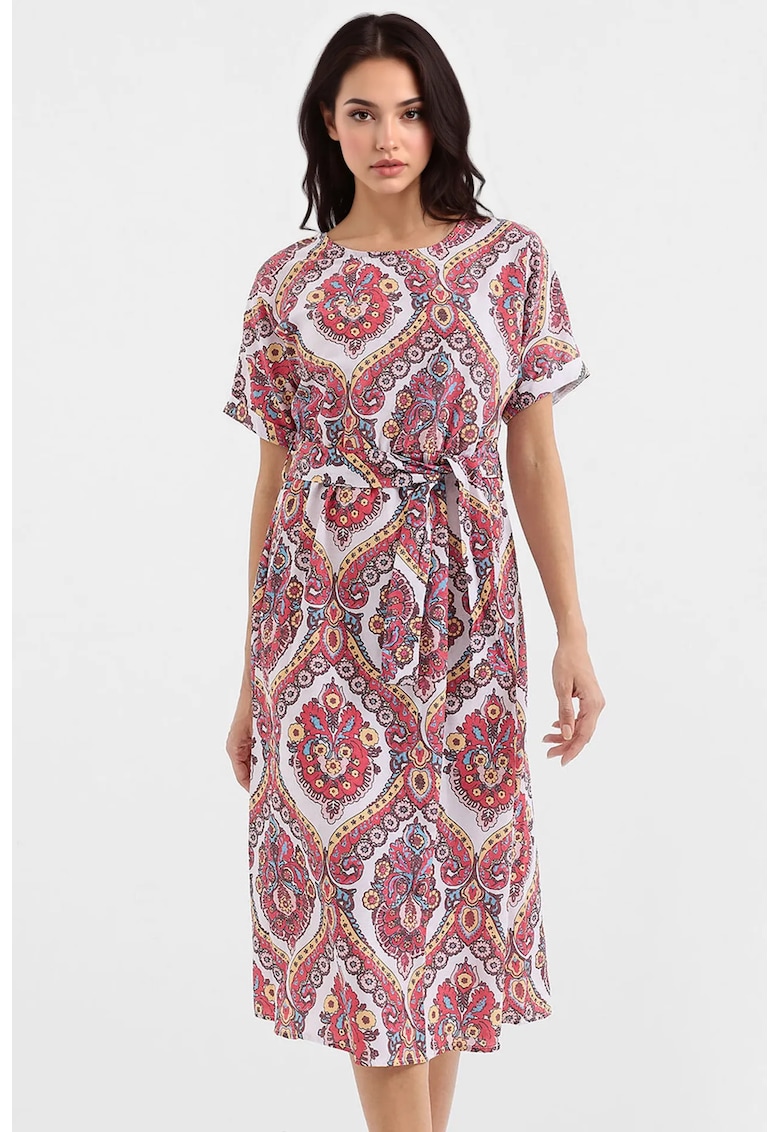 Rochie midi - imprimeu - papion - rosu - viscoza/in