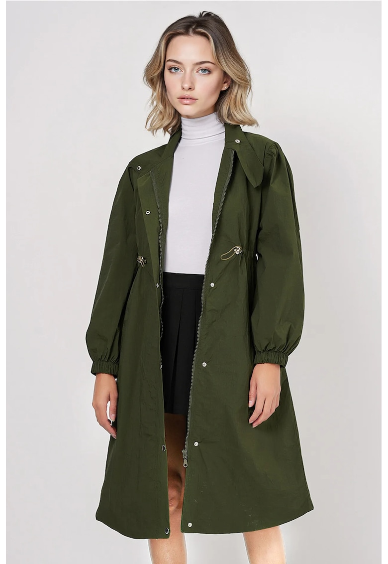 Palton dama  lung - cu captuseala - guler rasturnat - verde - poliamida