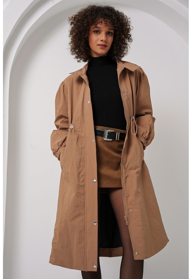 Palton dama trench lung cu captuseala - maro camel - textil -