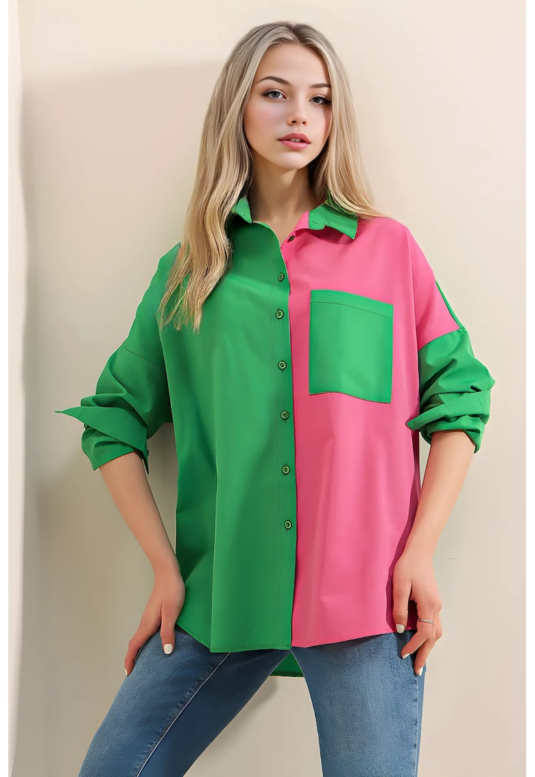 Camasa dama -  verde si roz - bumbac - poliester