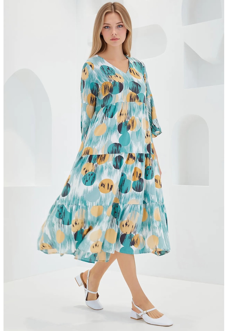 Rochie midi dama HiCCUP - decolteu in V - viscoza - multicolor