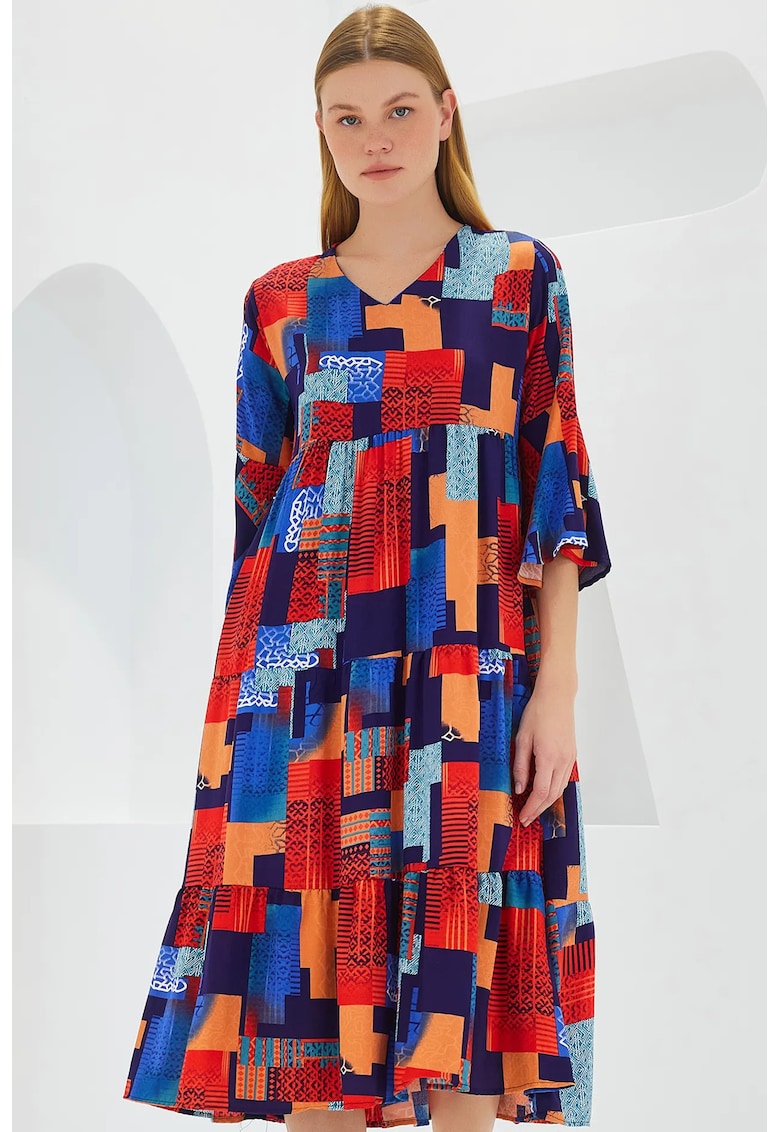 Rochie midi dama - HiCCUP - decolteu in V - viscoza - multicolor