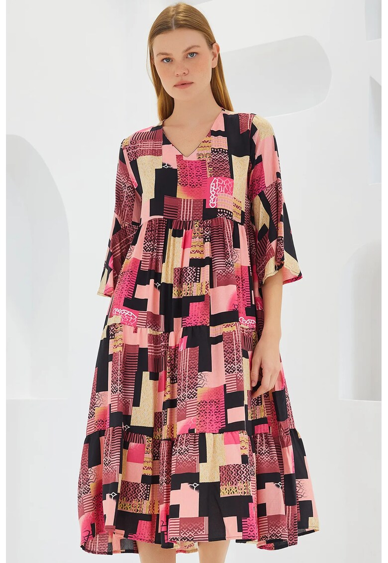 Rochie midi dama - HiCCUP - decolteu V - viscoza - multicolor