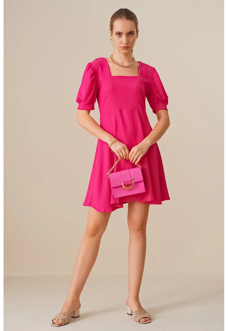 Rochie mini tricotata  guler patrat - roz - jerseu