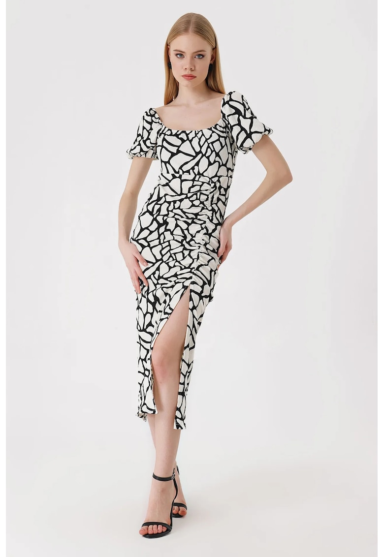 Rochie midi tricotata dama HiCCUP - decolteu patrat - poliester/lycra - alb/negru