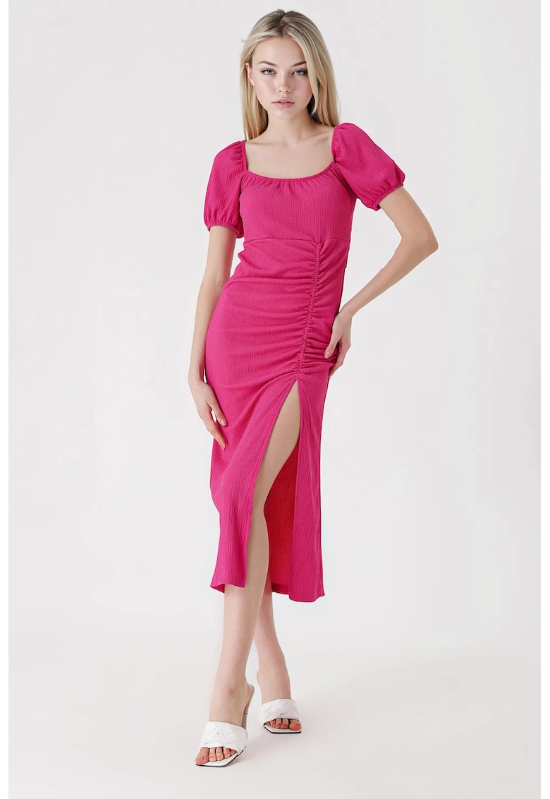 Rochie midi tricotata dama HiCCUP - decolteu patrat - poliester/lycra - roz