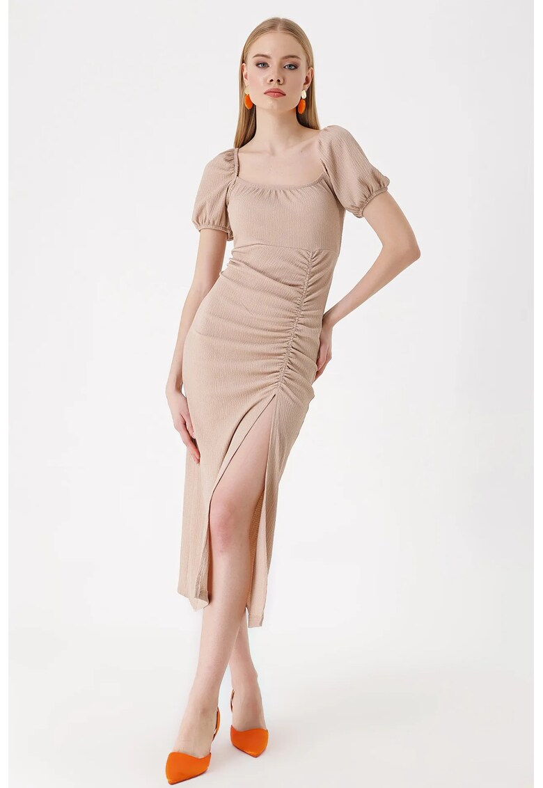 Rochie midi tricotata dama HiCCUP - decolteu patrat - poliester/lycra - bej