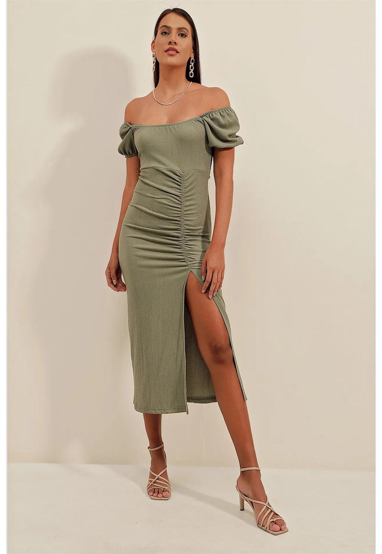Rochie midi tricotata dama decolteu patrat - poliester/lycra - Verde Smarald -