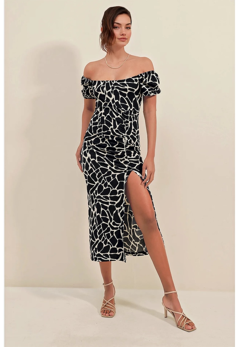 Rochie midi tricotata dama HiCCUP - decolteu patrat - poliester/lycra - negru/alb