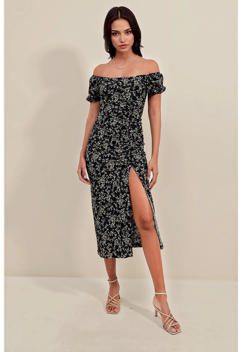 Rochie midi tricotata dama - HiCCUP - decolteu patrat - poliester/lycra - negru/alb