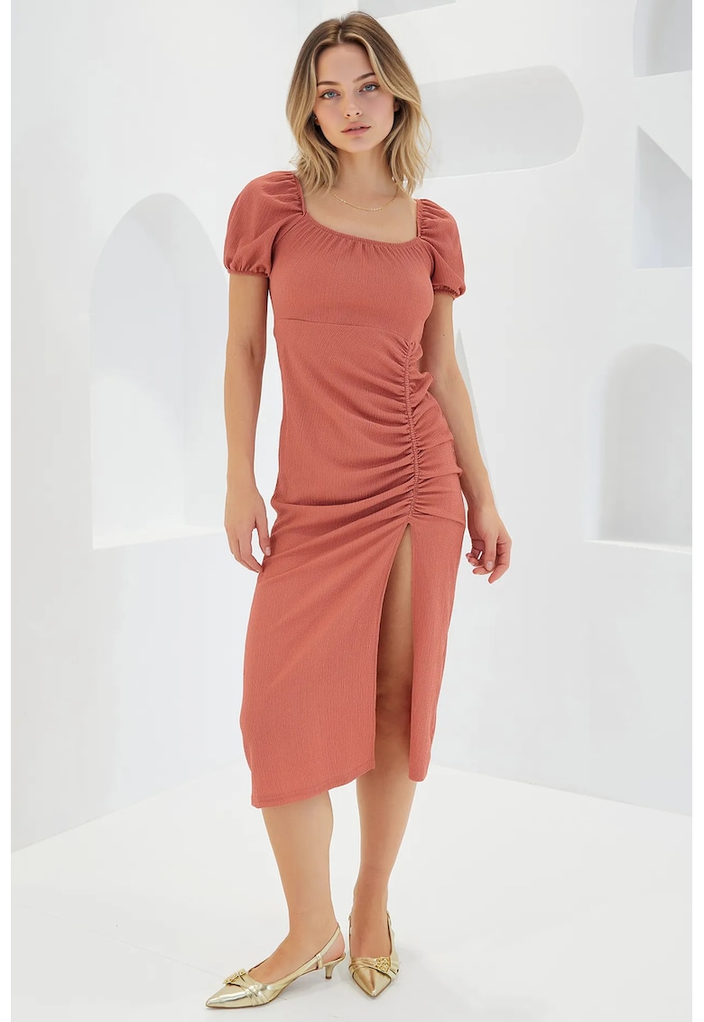 Rochie midi tricotata dama HiCCUP - decolteu patrat - poliester/lycra - rosu